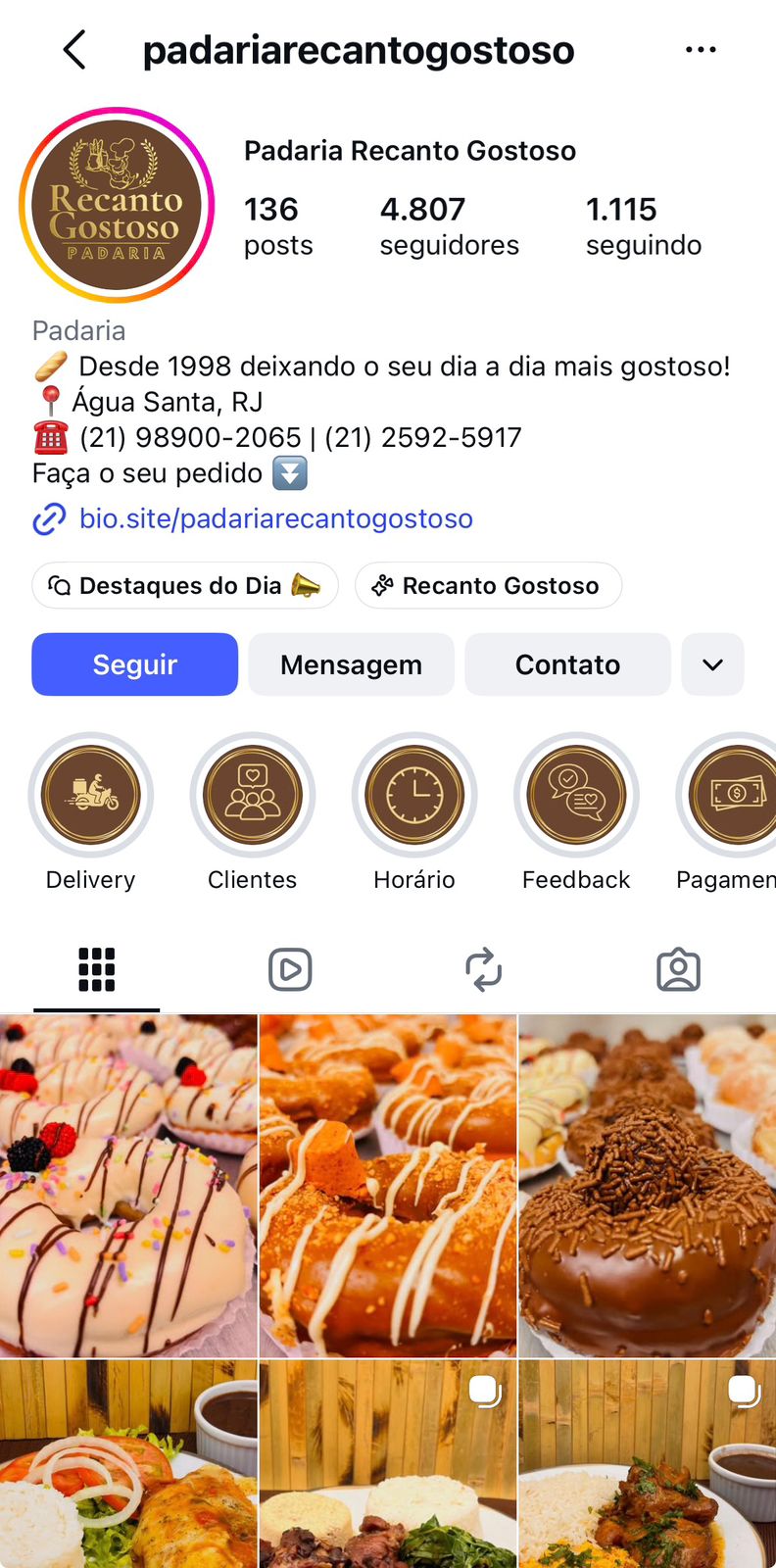 Perfil da Padaria Recanto Gostoso no Instagram: @padariarecantogostoso, 4.807 seguidores, destaques e início do feed com fotos dos produtos