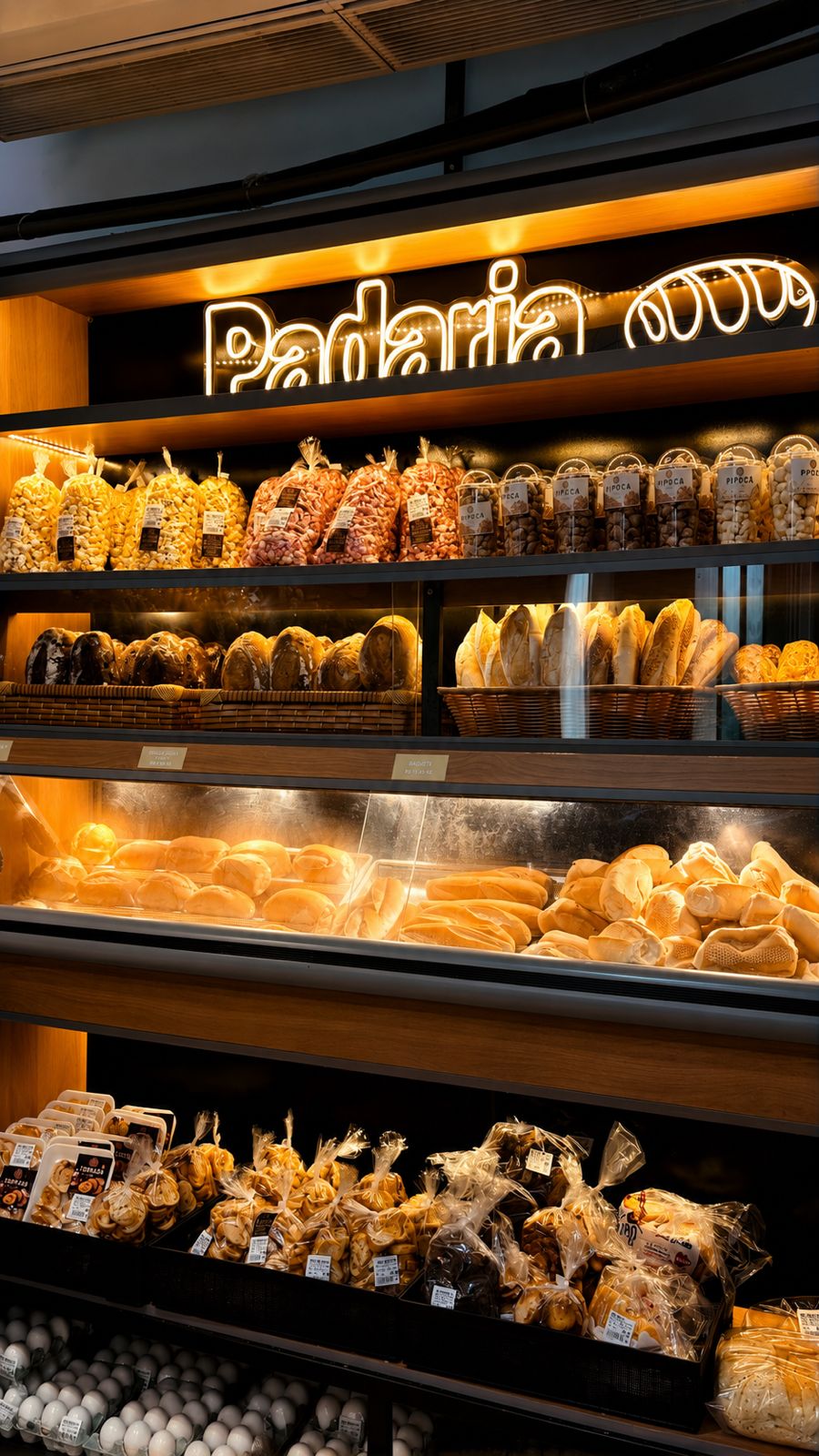 Balcão da Padaria Recanto Gostoso com letreiro luminoso, pães e biscoitos