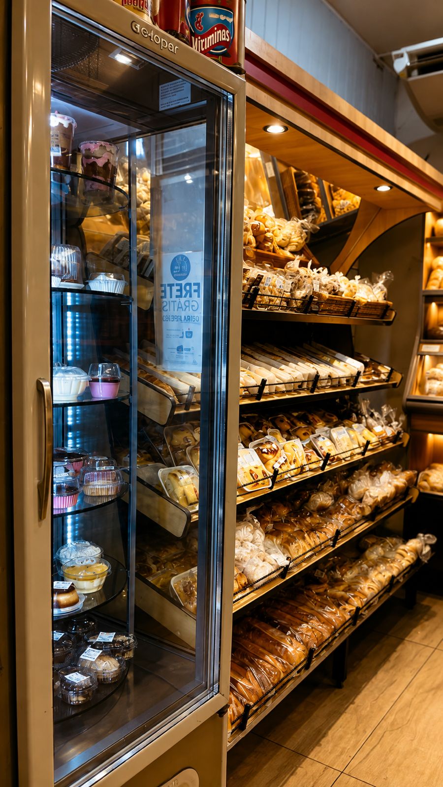 Vitrine da Recanto Gostoso com doces, salgados e pães